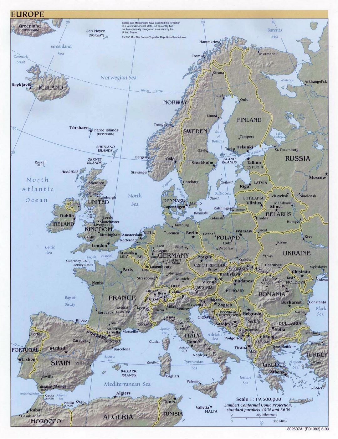 Большая политическая карта Европы с рельефом - 1999