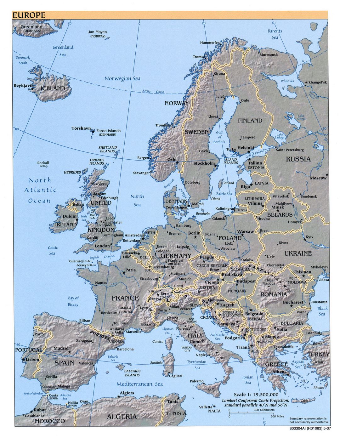 Большая политическая карта Европы с рельефом и столицами - 2007