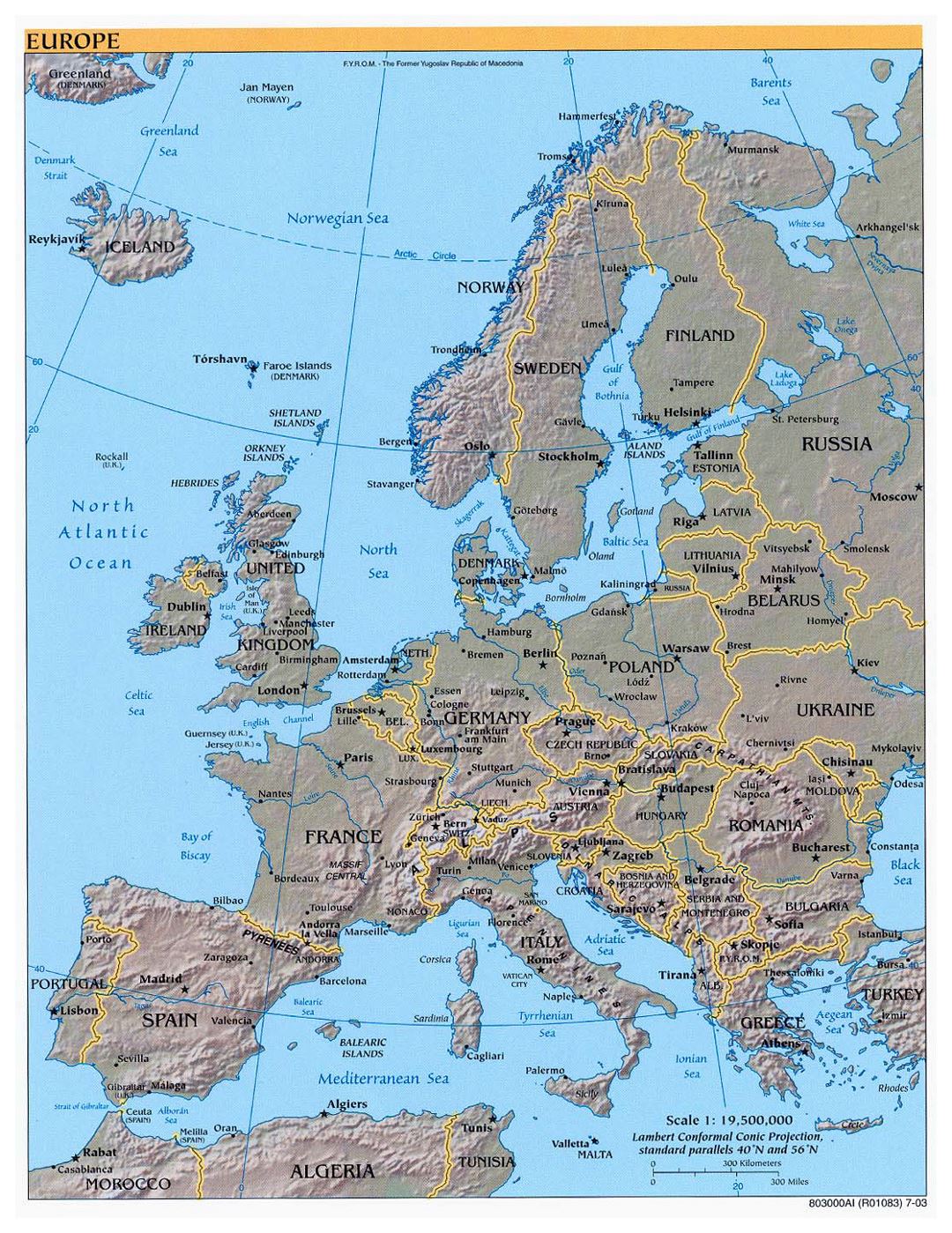Большая политическая карта Европы с рельефом и крупными городами - 2003