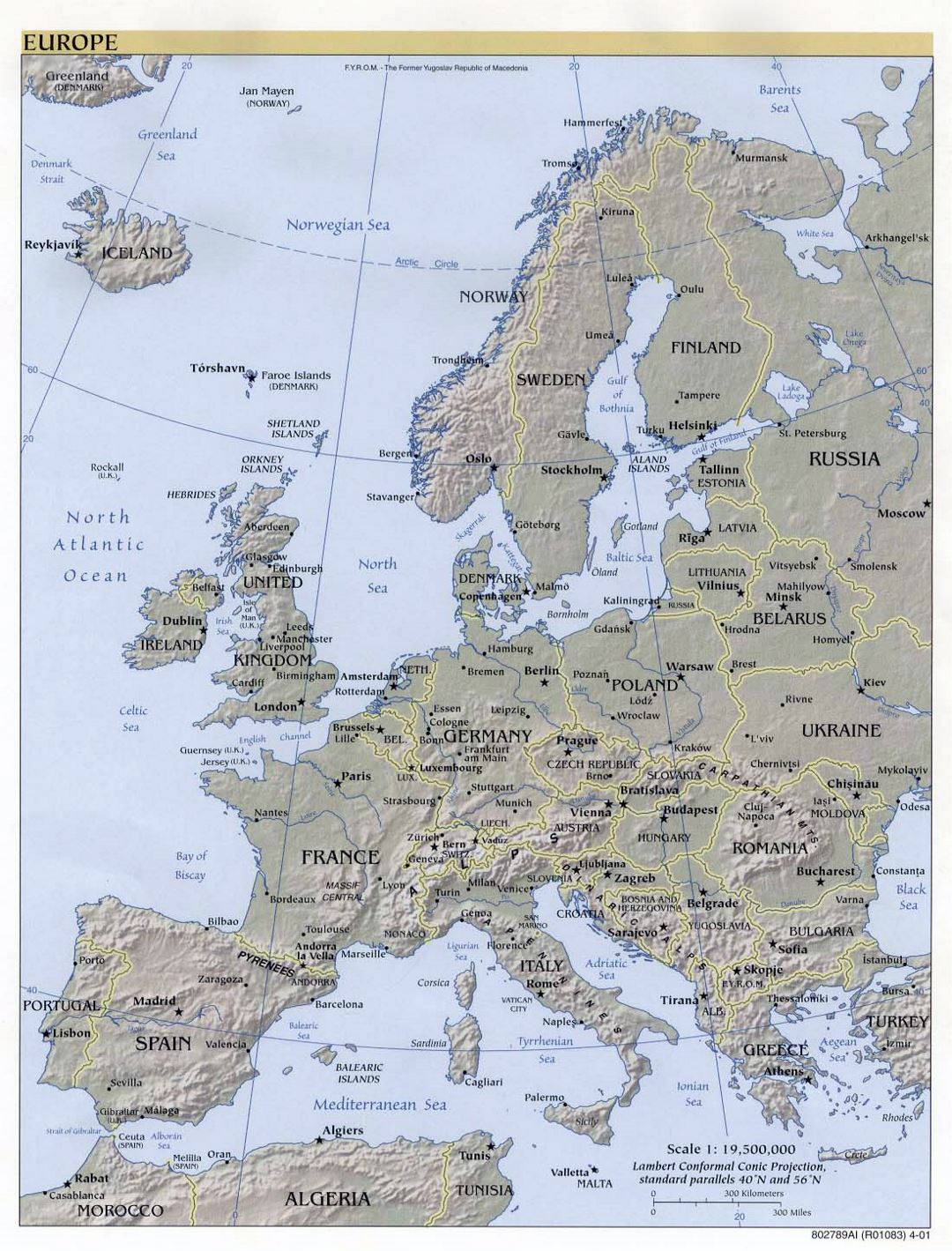 Большая политическая карта Европы с рельефом, крупными городами и столицами стран - 2001