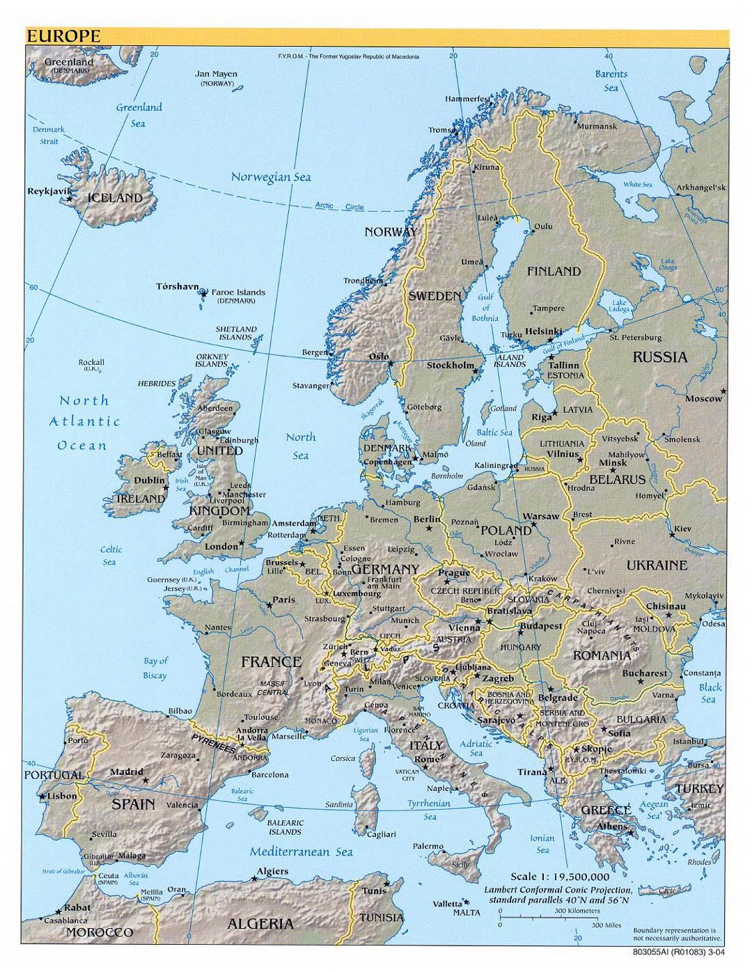 Большая политическая карта Европы с рельефом, крупными городами и столицами - 2004