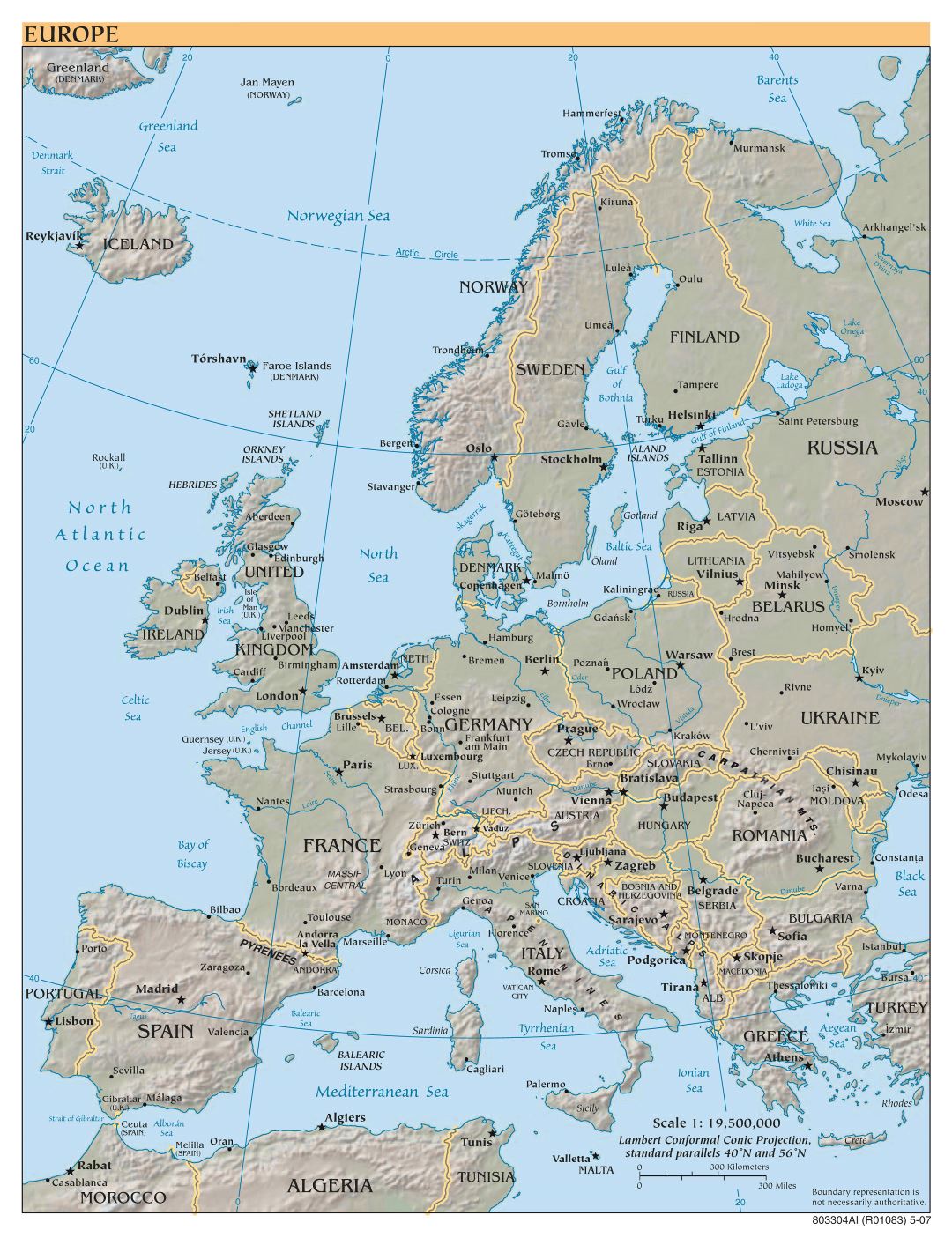 Крупномасштабная политическая карта Европы с рельефом - 1997