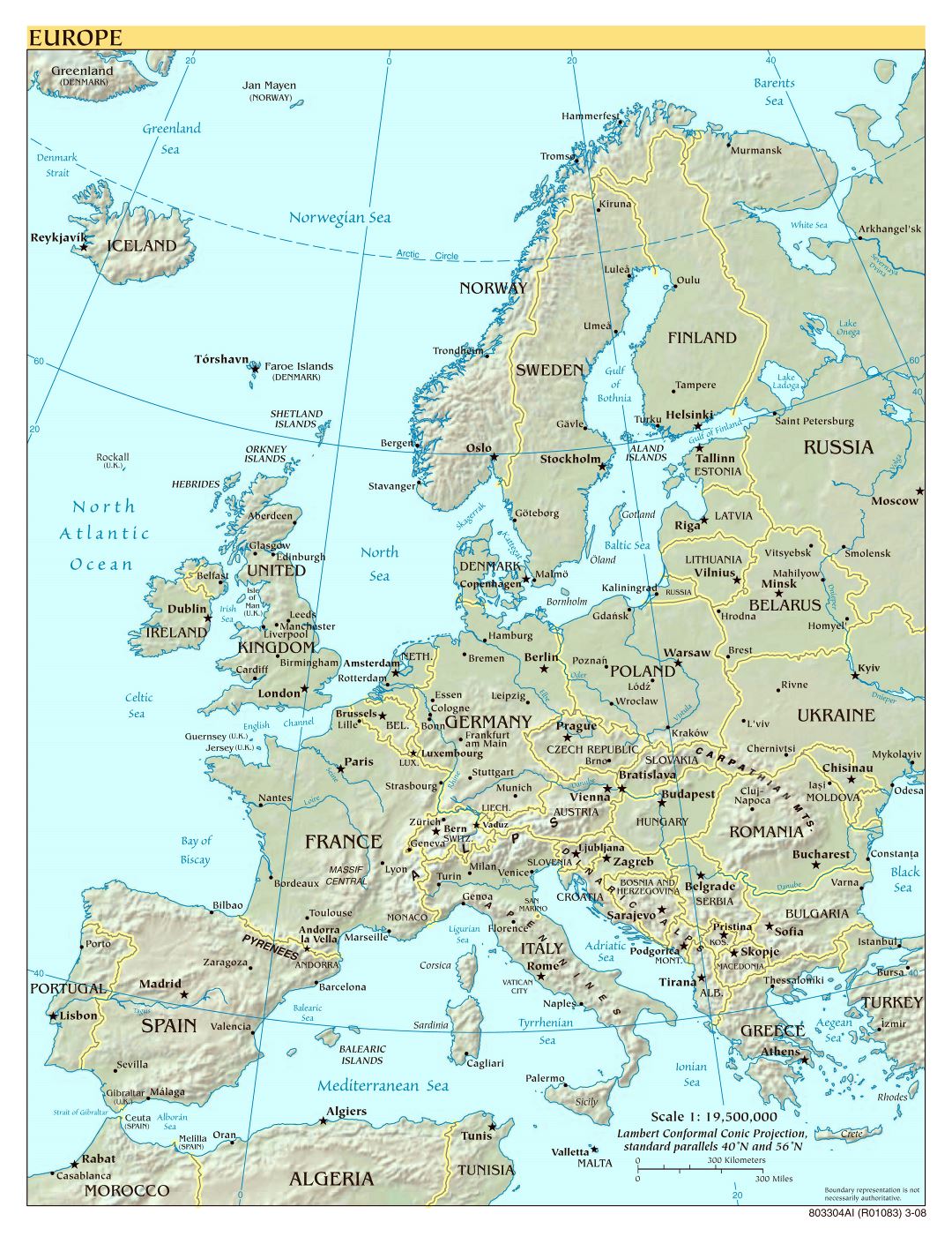 Крупномасштабная политическая карта Европы с рельефом - 2008