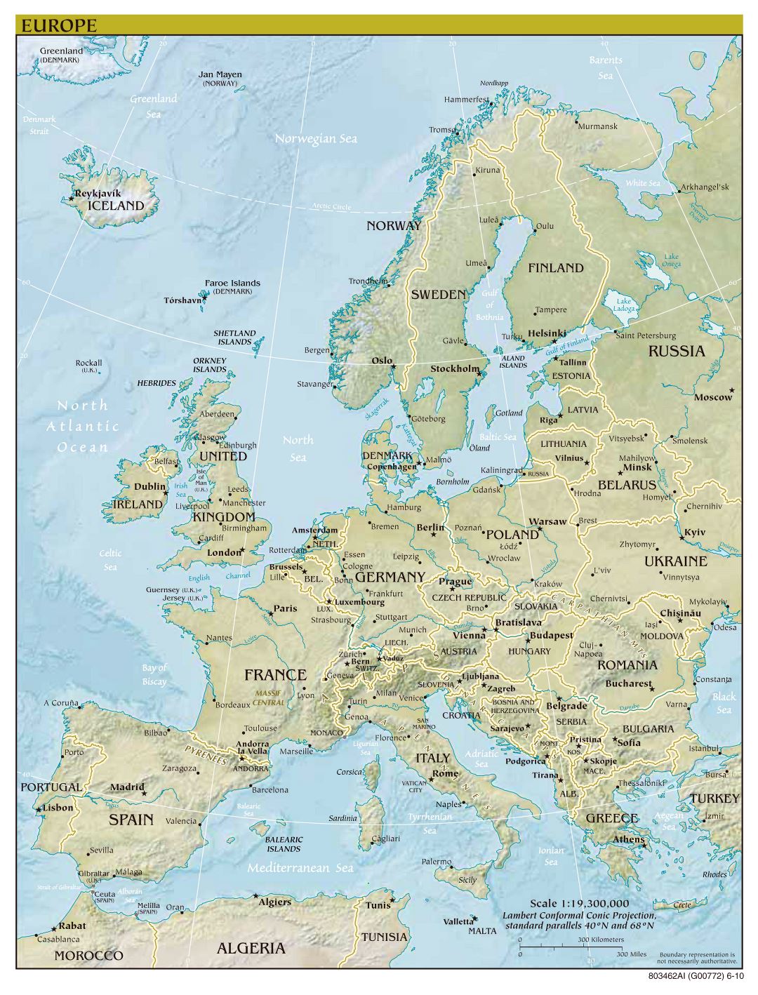 Политическая карта Европы в большом формате с отображением рельефа, крупных городов и столиц - 2010