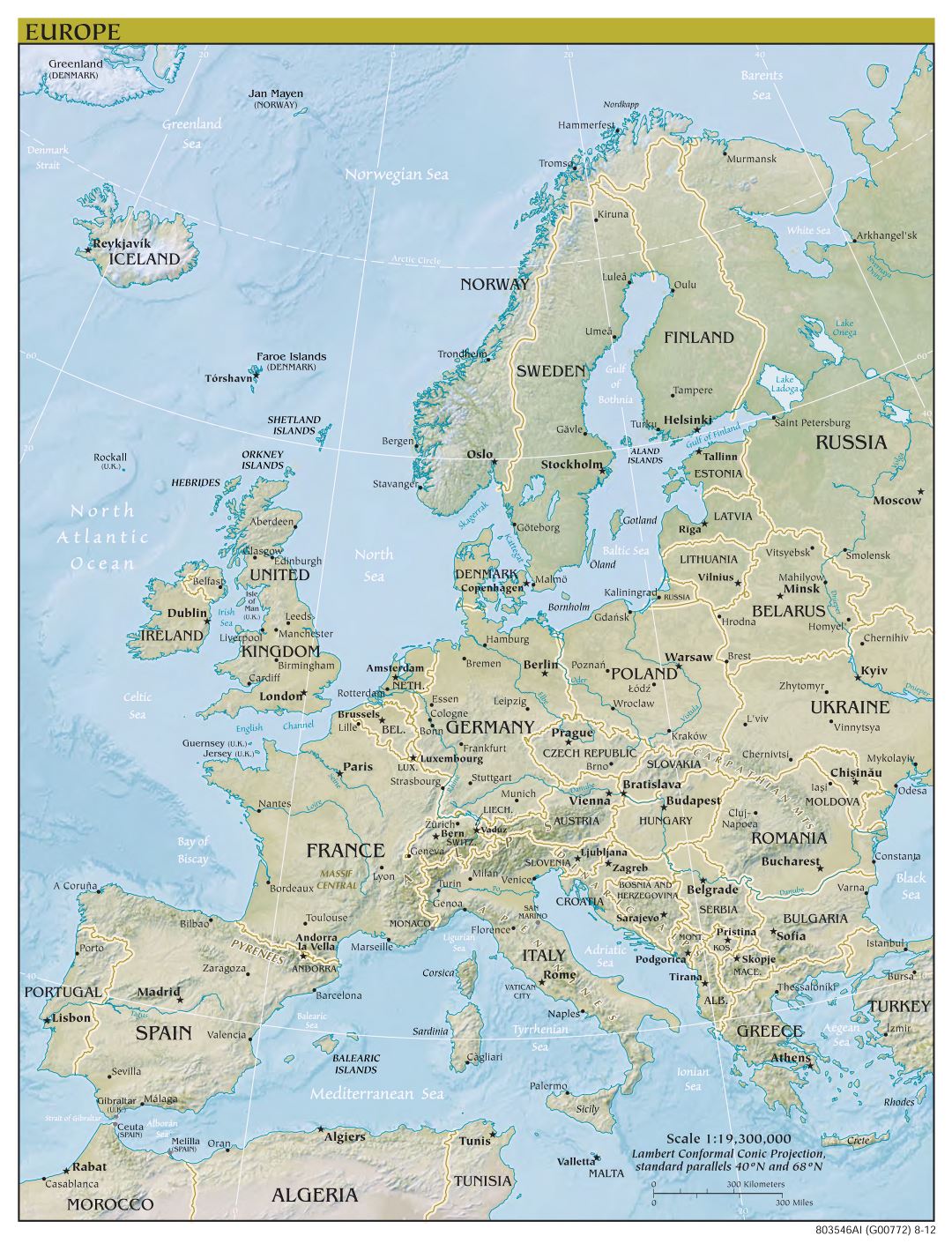 Крупномасштабная политическая карта Европы с рельефом, столицами стран и крупными городами - 2012