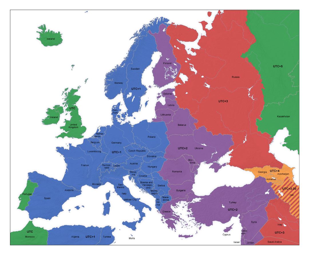 Большая карта часовых поясов Европы
