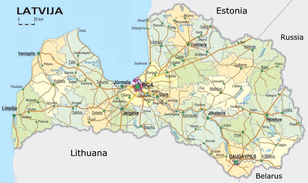Административная карта и карта дорог Латвии