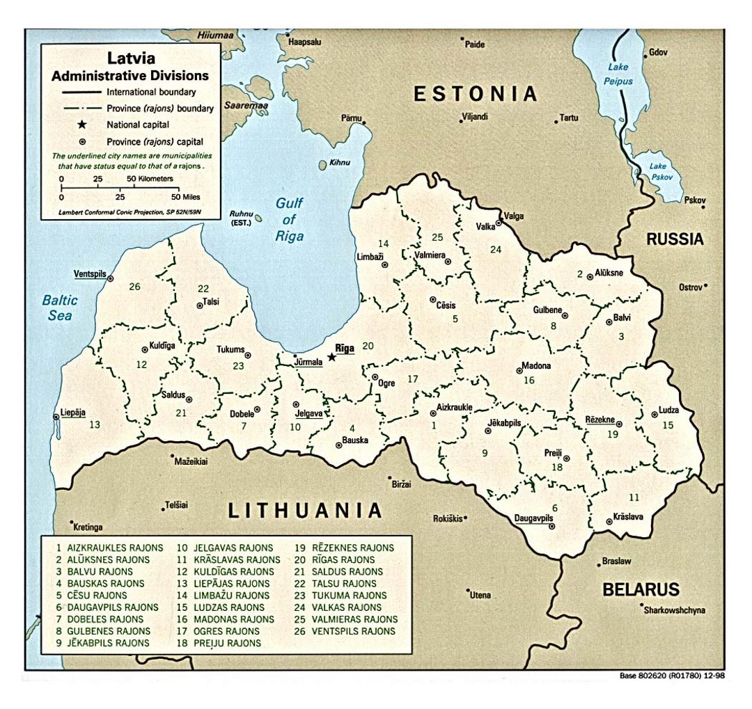 Детальная карта административных делений Латвии - 1998