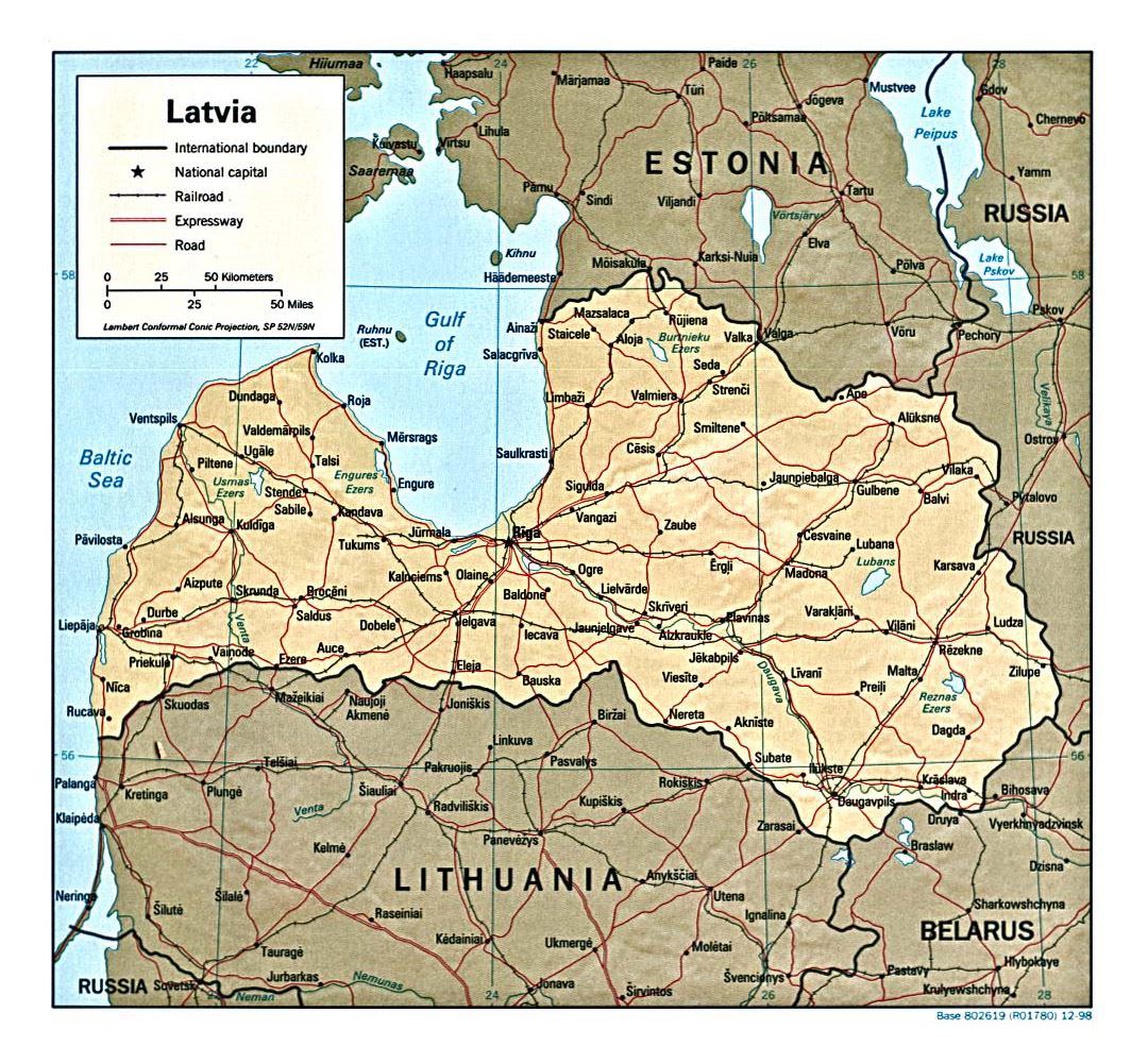 Детальная политическая карта Латвии с рельефом, дорогами и крупными городами - 1998