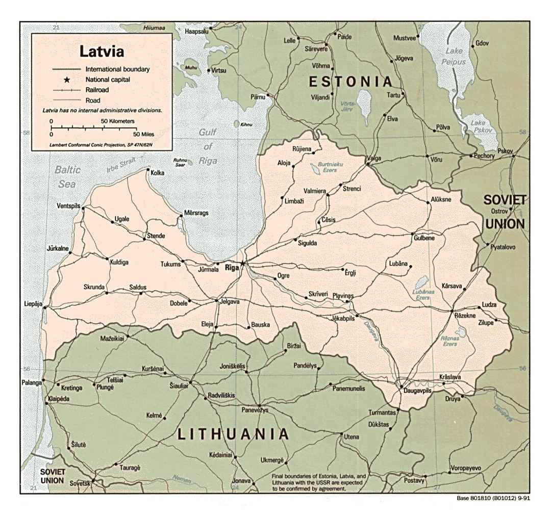 Детальная политическая карта Латвии с дорогами и крупными городами - 1991