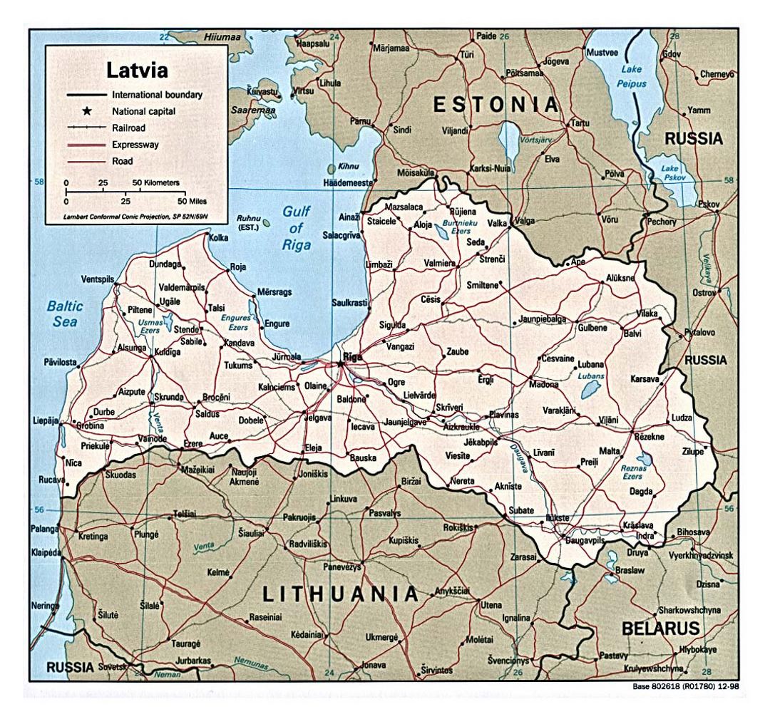 Детальная политическая карта Латвии с дорогами и крупными городами - 1998