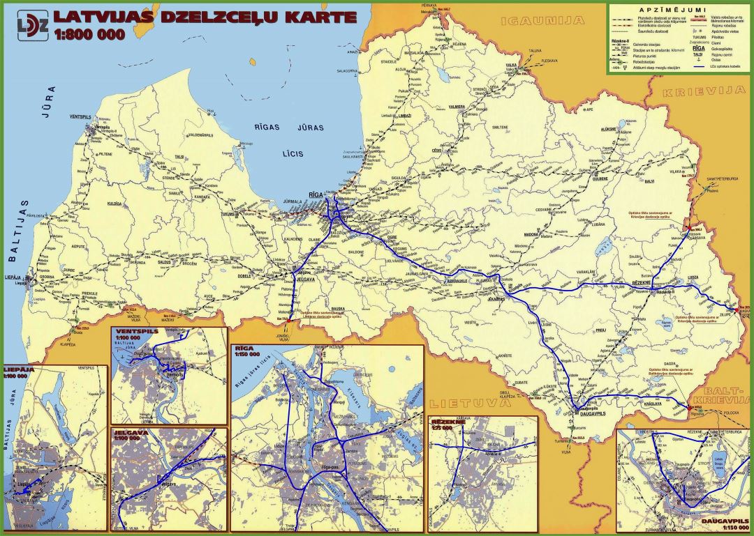 Большая детальная карта железных дорог Латвии