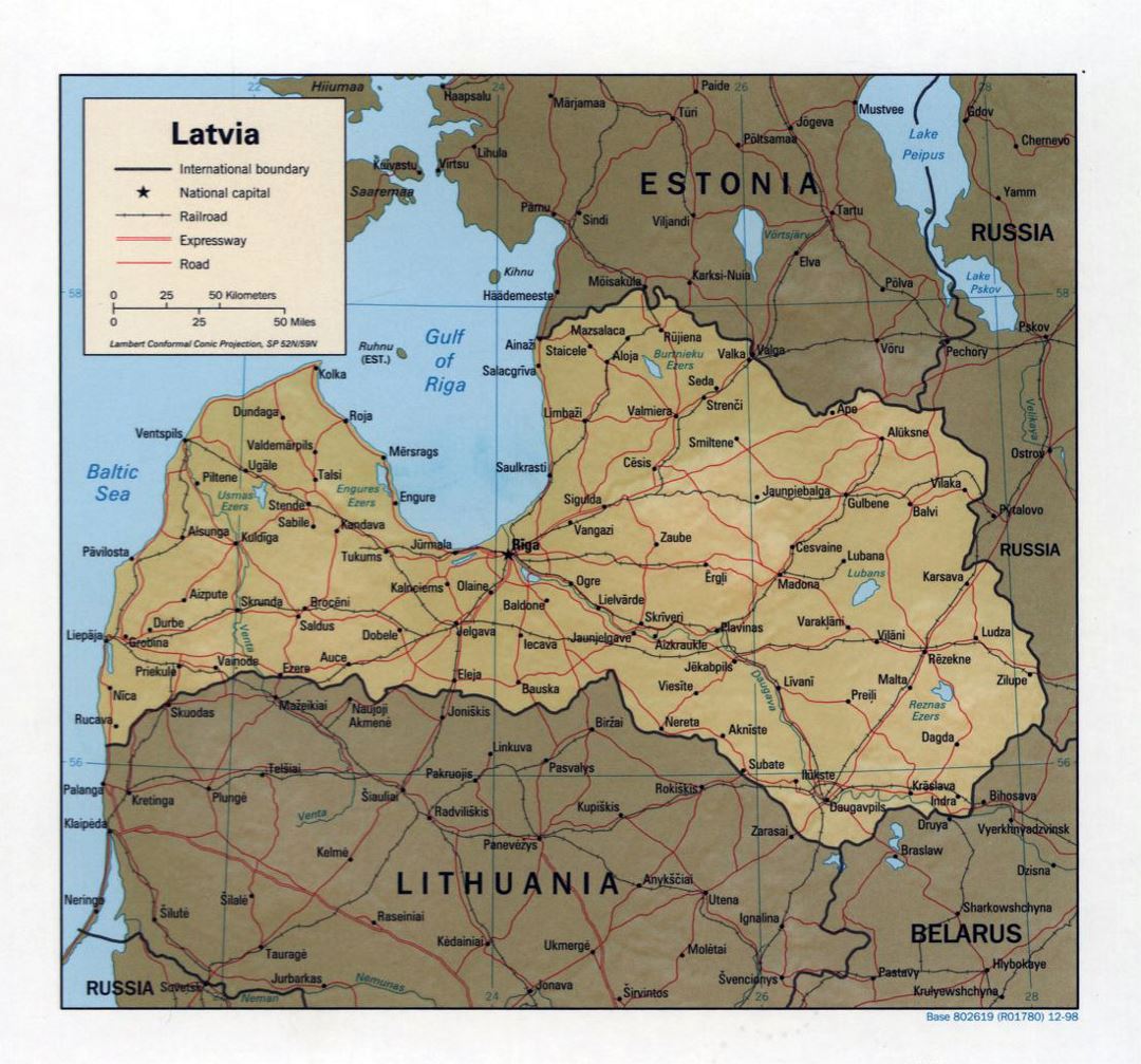 Большая политическая карта Латвии с рельефом, дорогами и крупными городами - 1998