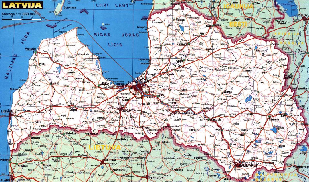 Большая карта дорог Латвии с городами