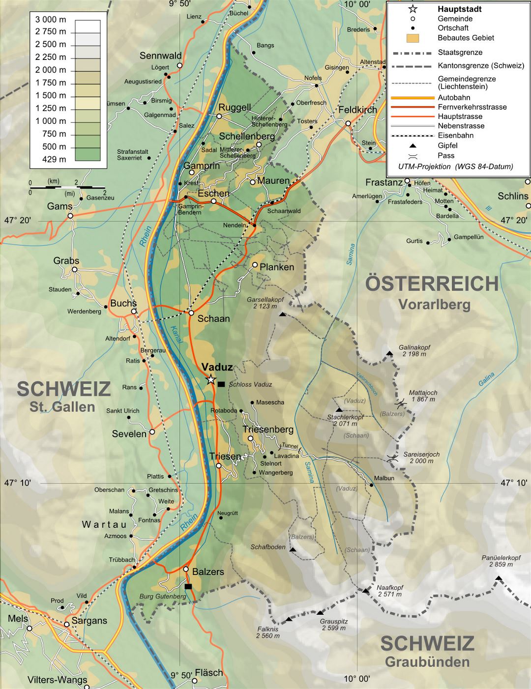 Большая физическая карта Лихтенштейна