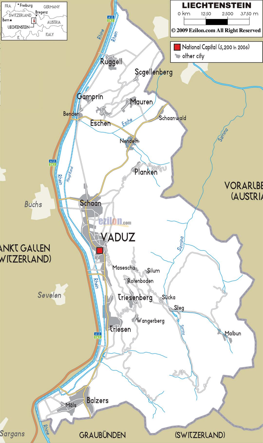 Большая карта дорог Лихтенштейна с городами и деревнями
