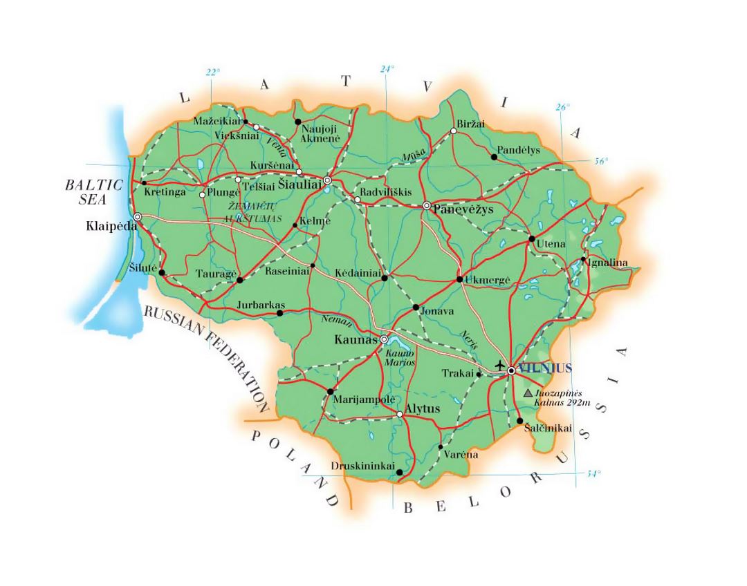 Детальная карта высот Литвы с дорогами, железными дорогами, крупными городами и аэропортами