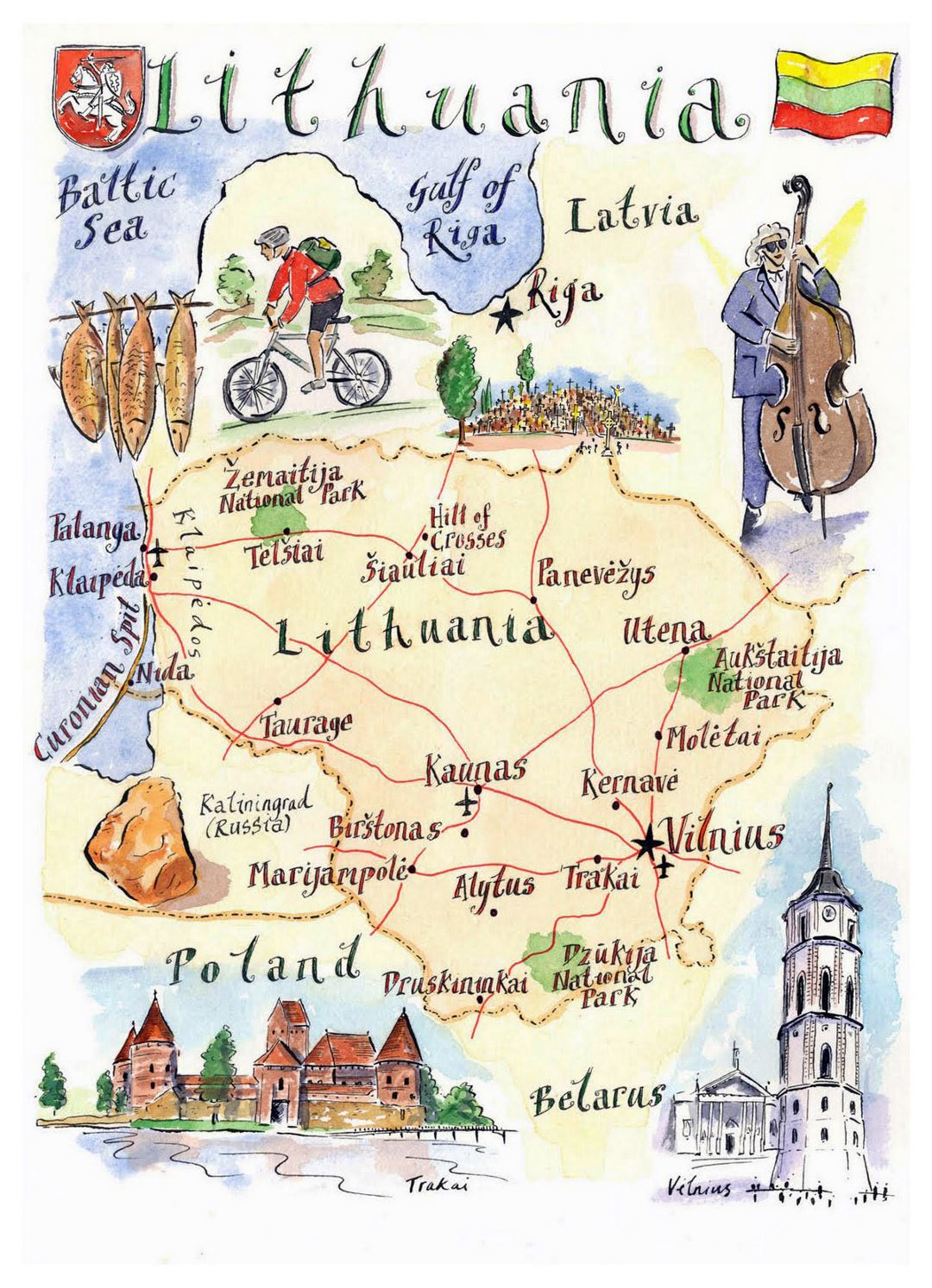 Детальная иллюстрированная карта Литвы