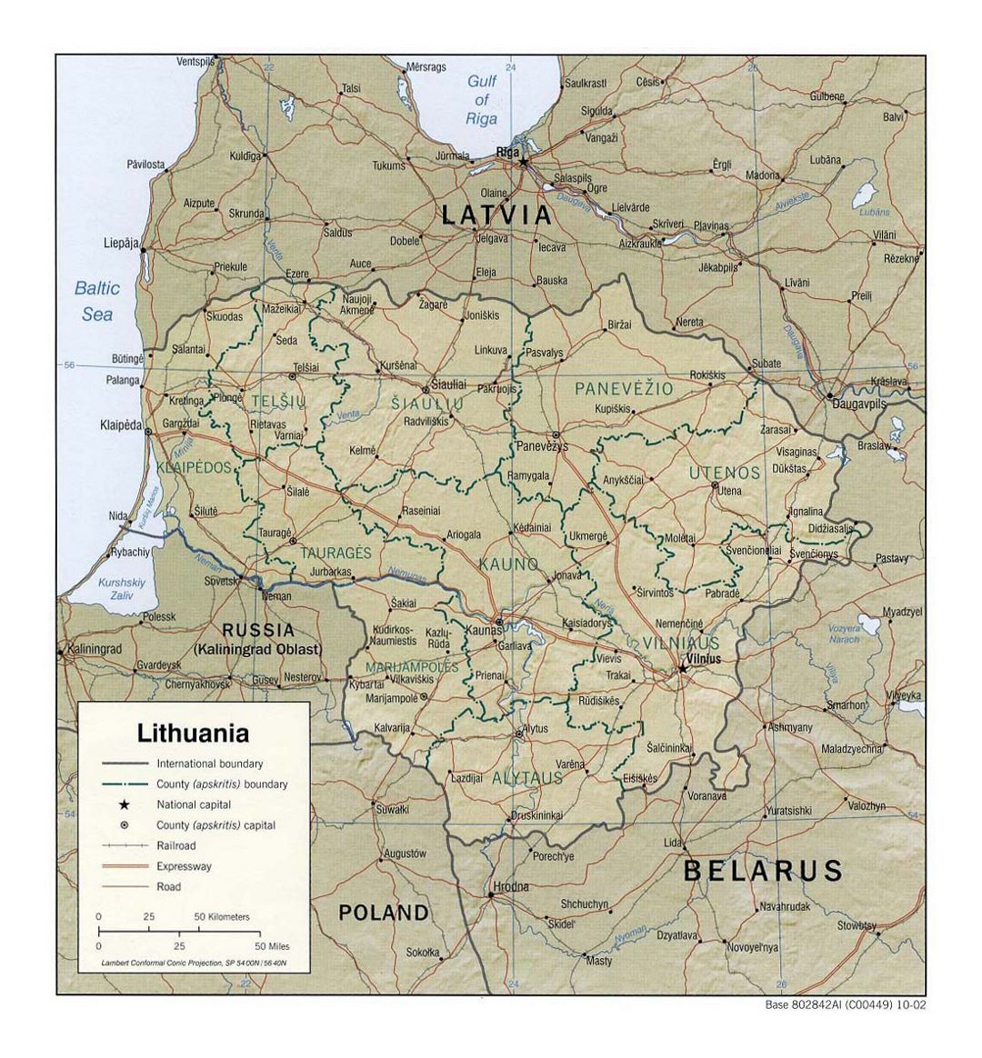 Детальная политическая и административная карта Литвы с рельефом, дорогами, железными дорогами и крупными городами - 2002