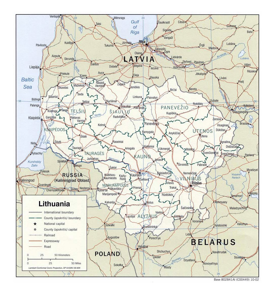 Детальная политическая и административная карта Литвы с дорогами, железными дорогами и крупными городами - 2002