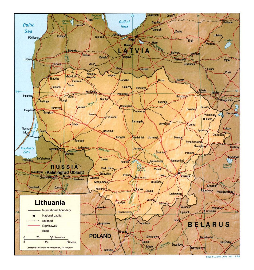 Детальная политическая карта Литвы с рельефом, дорогами, железными дорогами и крупными городами - 1998