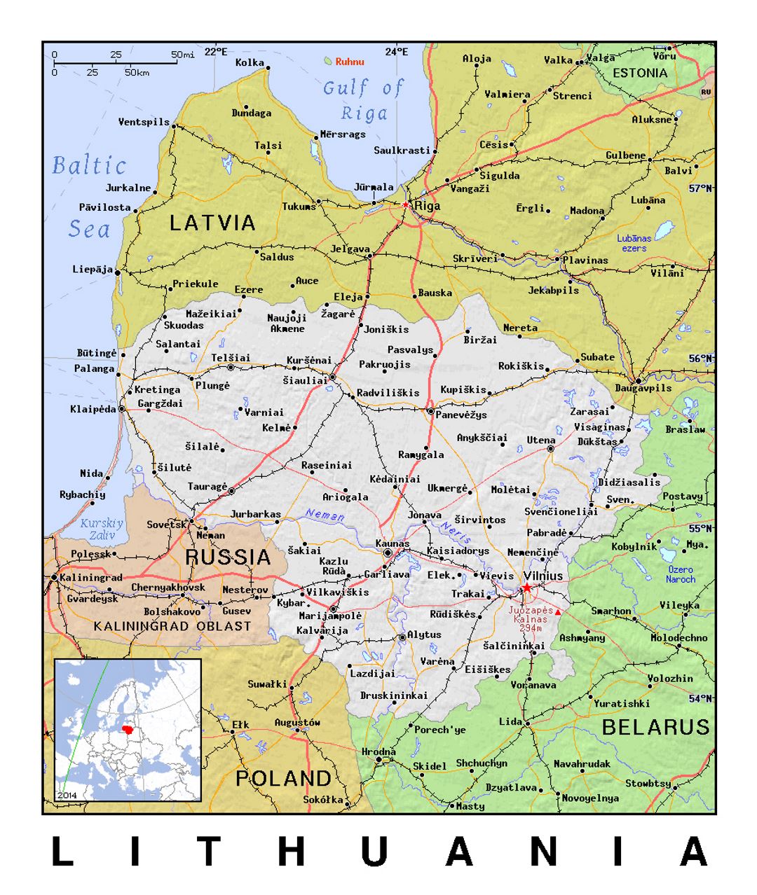 Детальная политическая карта Литвы с рельефом