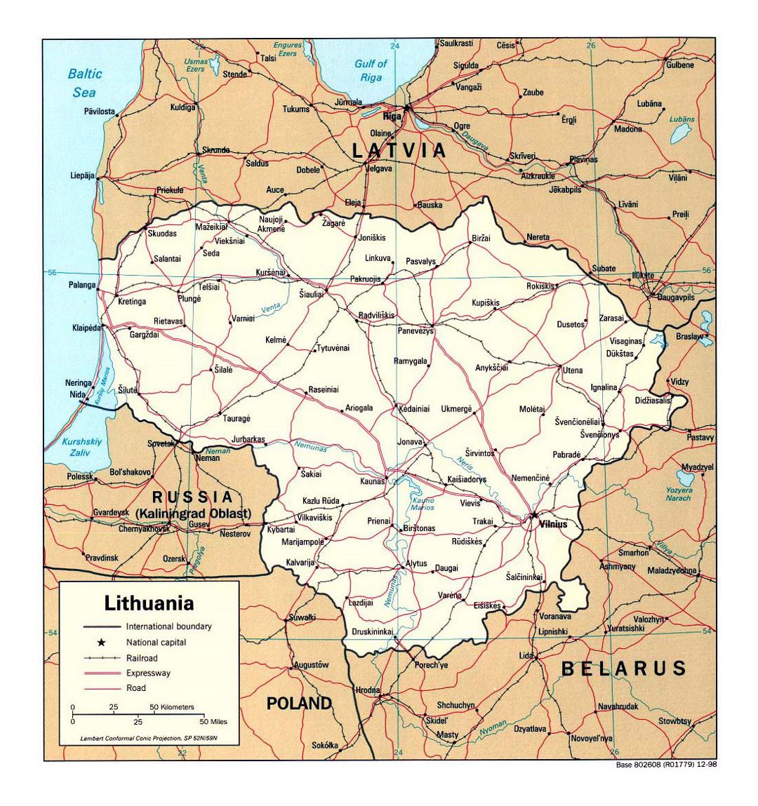 Детальная политическая карта Литвы с дорогами, железными дорогами и крупными городами - 1998