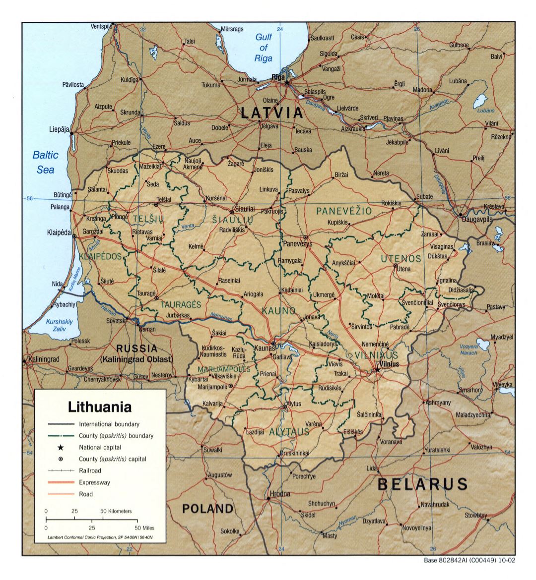Большая детальная политическая и административная карта Литвы с рельефом, дорогами, железными дорогами и крупными городами - 2002