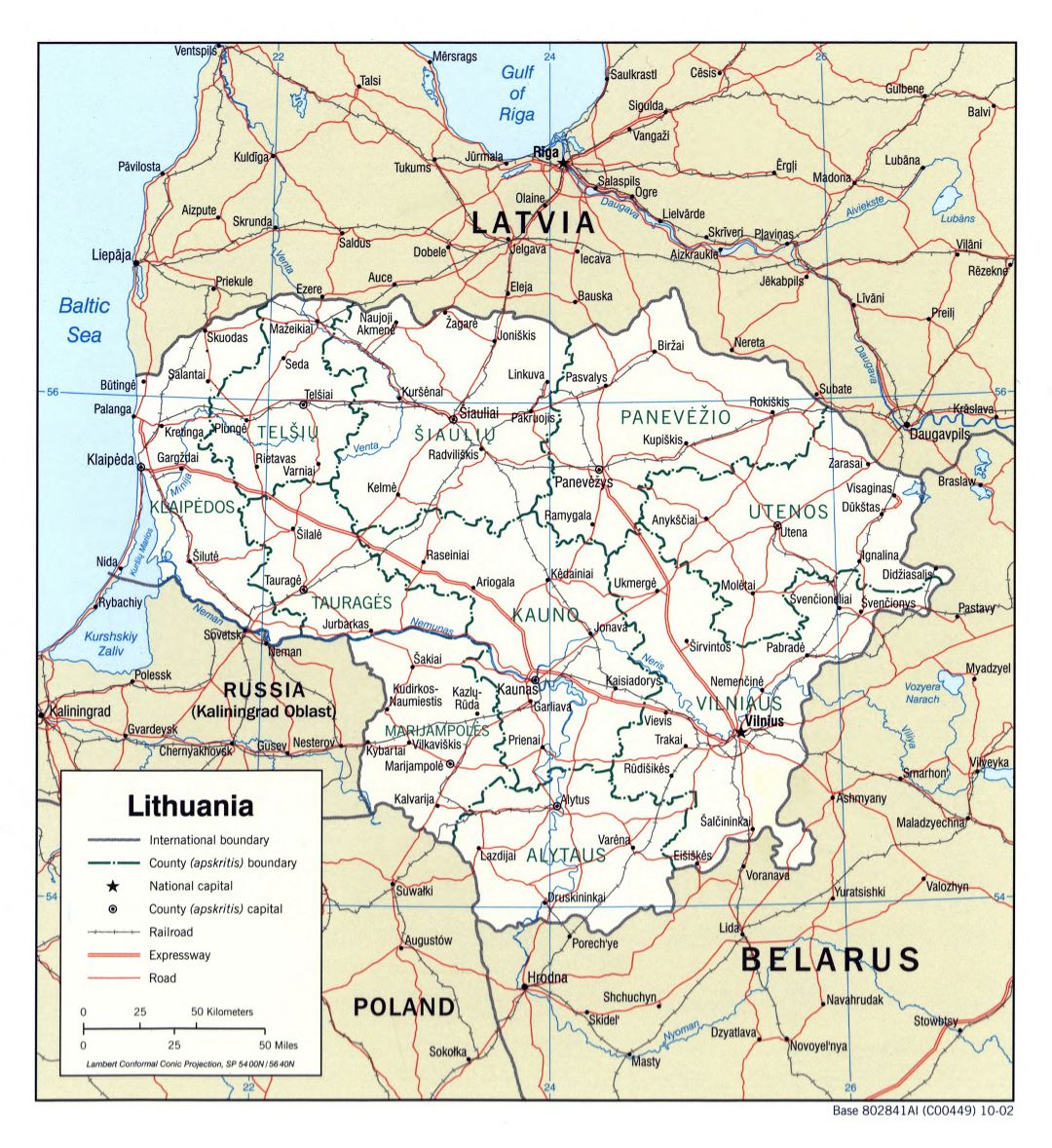 Большая детальная политическая и административная карта Литвы с дорогами, железными дорогами и крупными городами - 2002