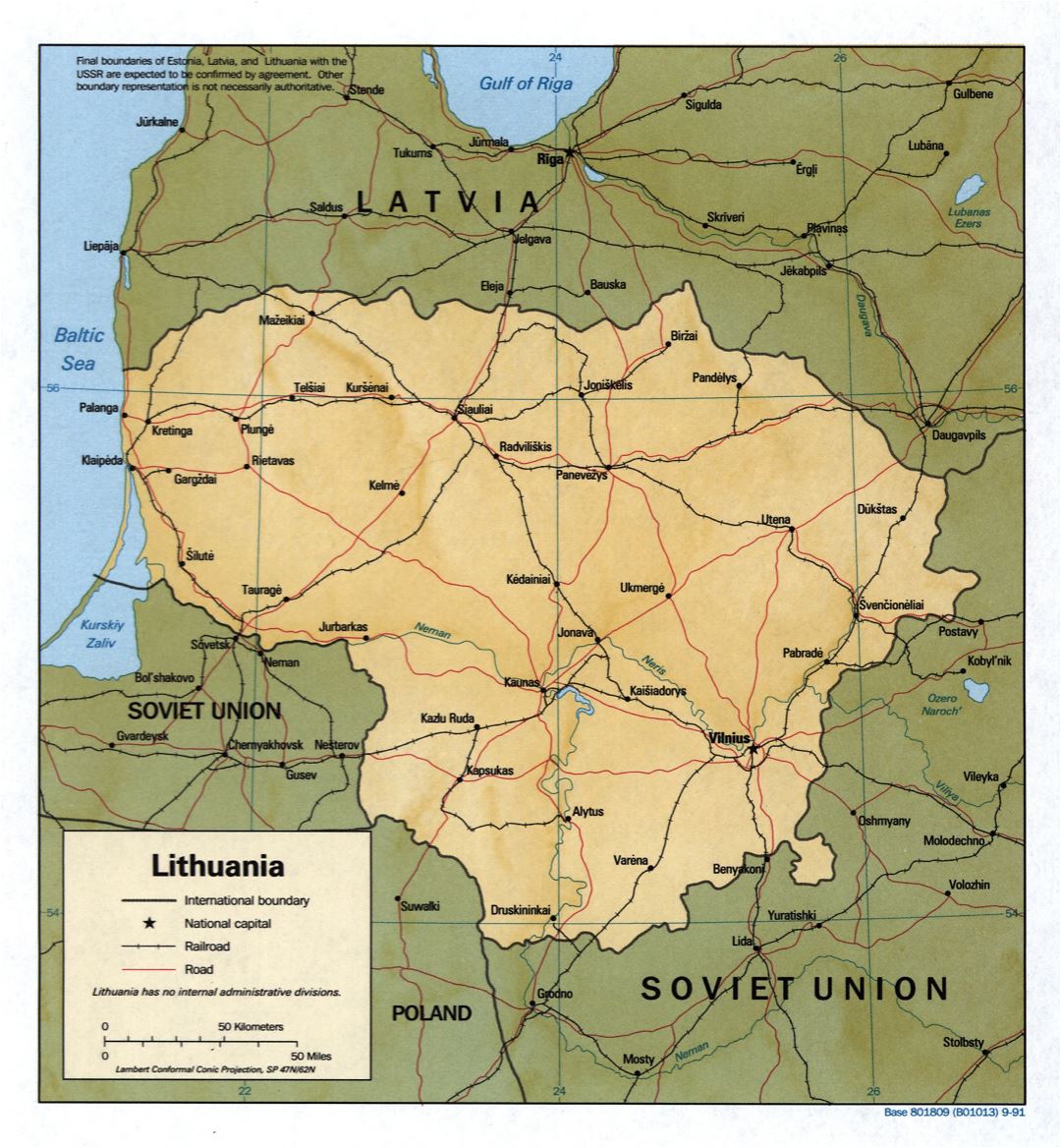 Большая детальная политическая карта Литвы с рельефом, дорогами, железными дорогами и крупными городами - 1991