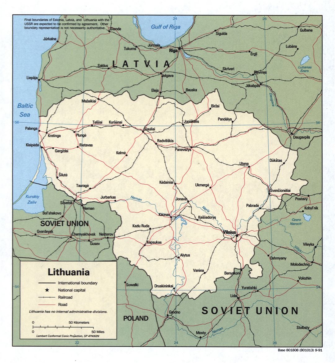 Большая детальная политическая карта Литвы с дорогами, железными дорогами и крупными городами - 1991