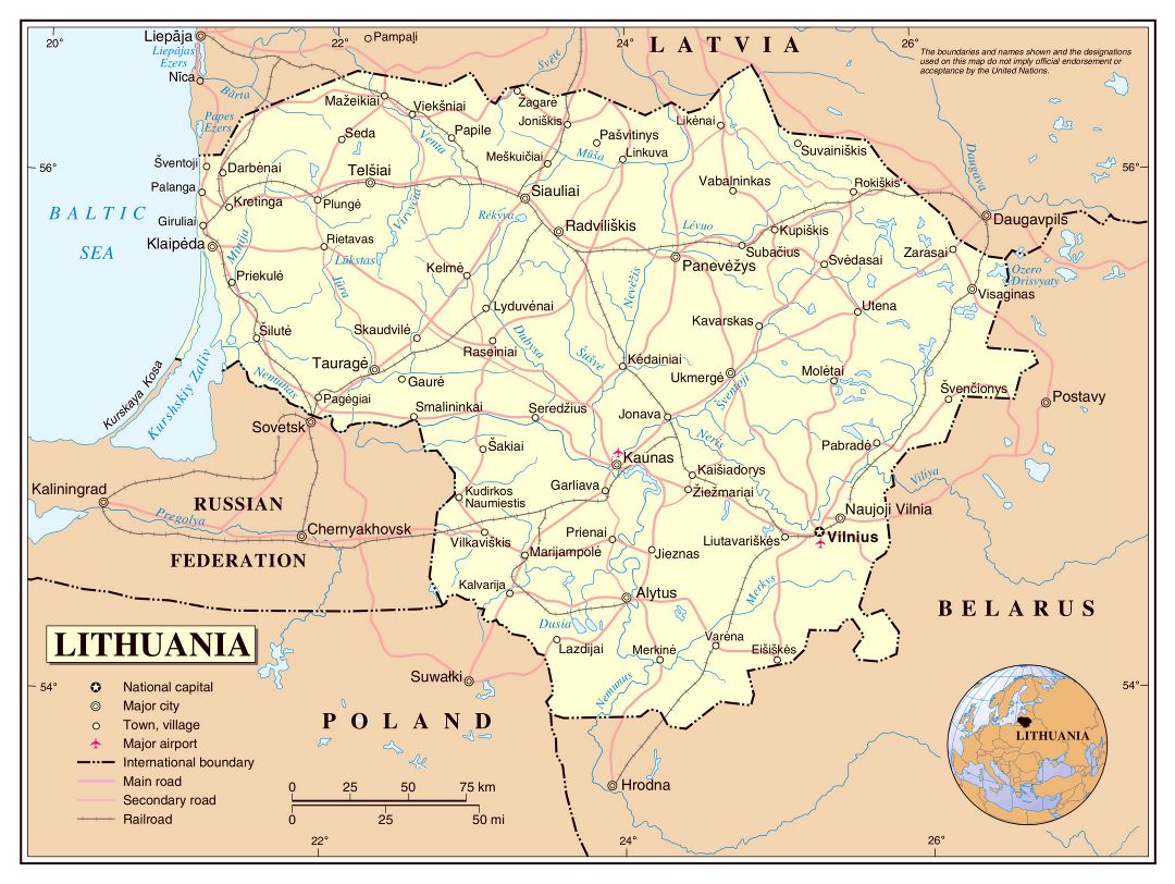 Большая детальная политическая карта Литвы с дорогами, железными дорогами, крупными городами и аэропортами
