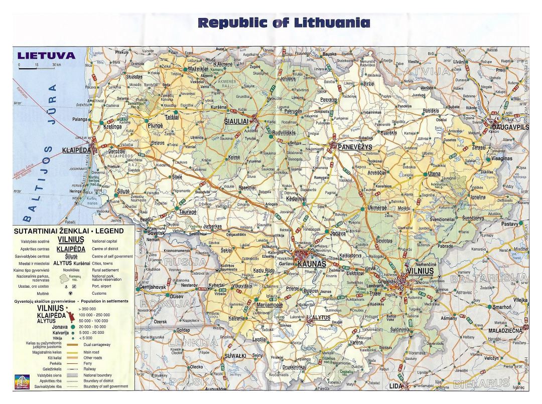 Большая политическая и административная карта Литвы с дорогами и городами