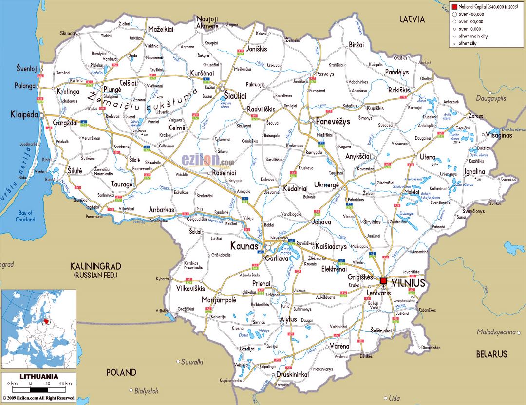 Большая карта дорог Литвы с городами и аэропортами