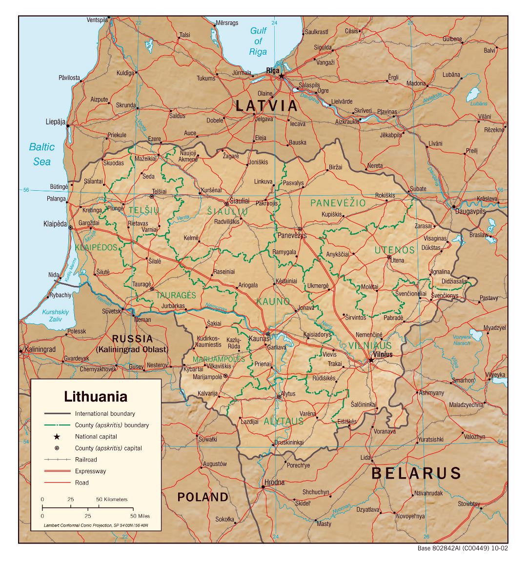 Крупномасштабная политическая и административная карта Литвы с рельефом, дорогами, железными дорогами и крупными городами - 2002