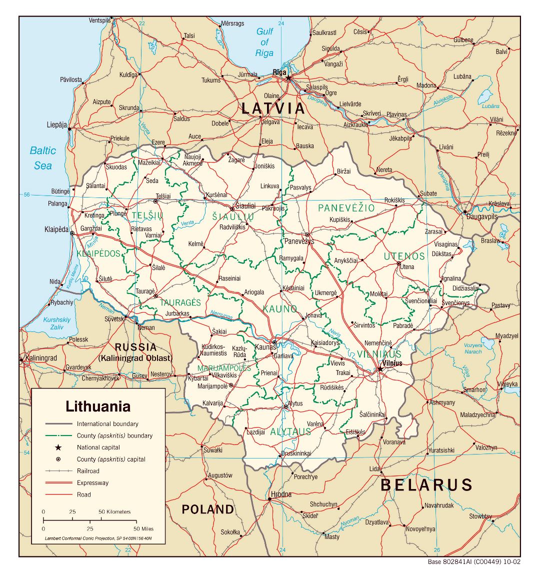 Крупномасштабная политическая и административная карта Литвы с дорогами, железными дорогами и крупными городами - 2002