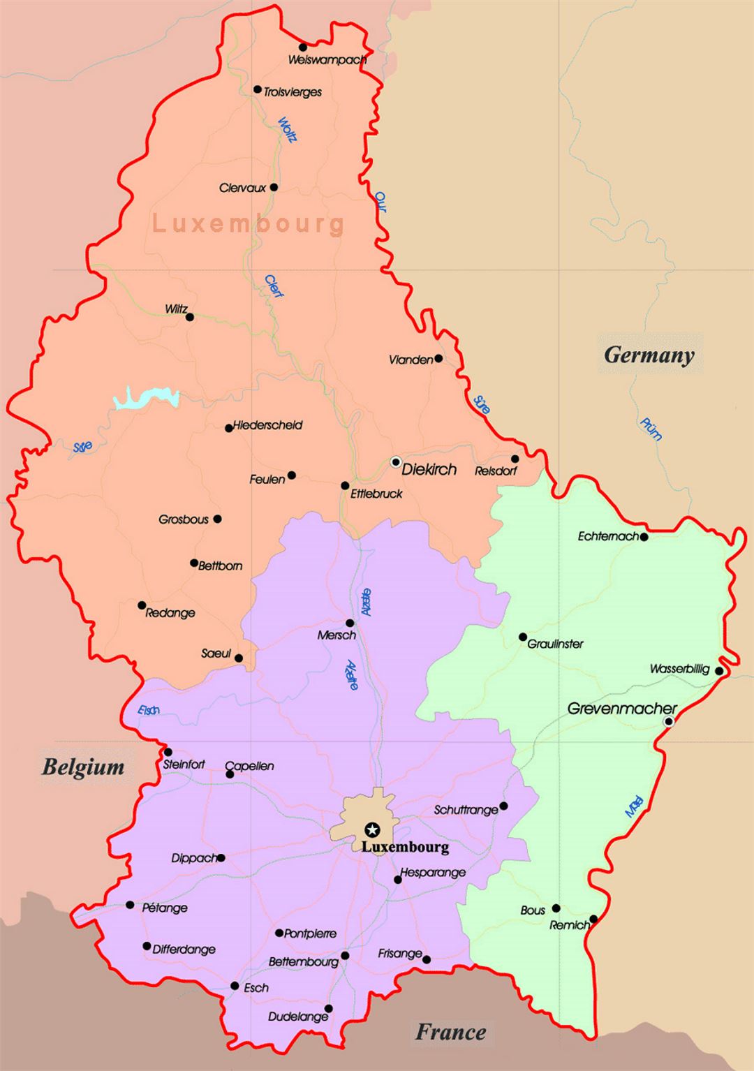 Детальная административная карта Люксембурга с дорогами и крупными городами