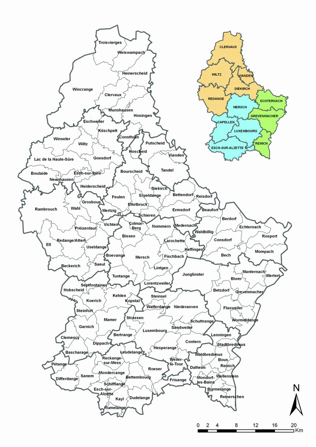 Детальная схема административной карты Люксембурга