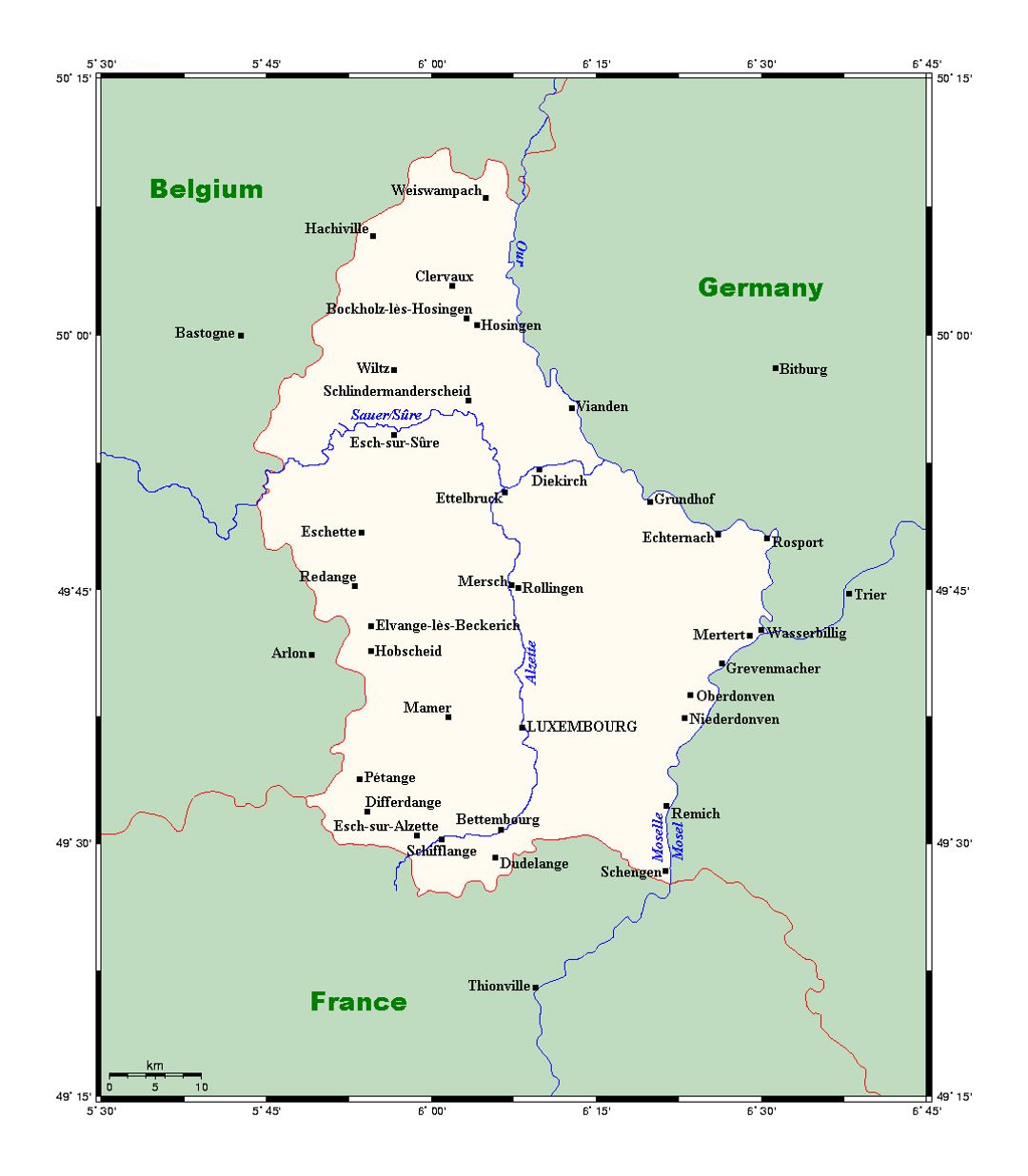 Детальная карта Люксембурга с крупными городами
