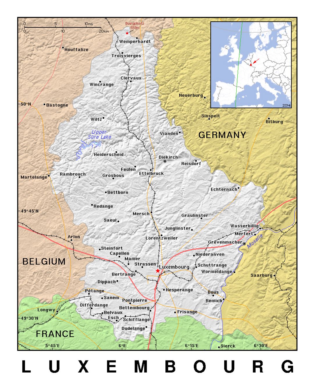 Детальная политическая карта Люксембурга с рельефом