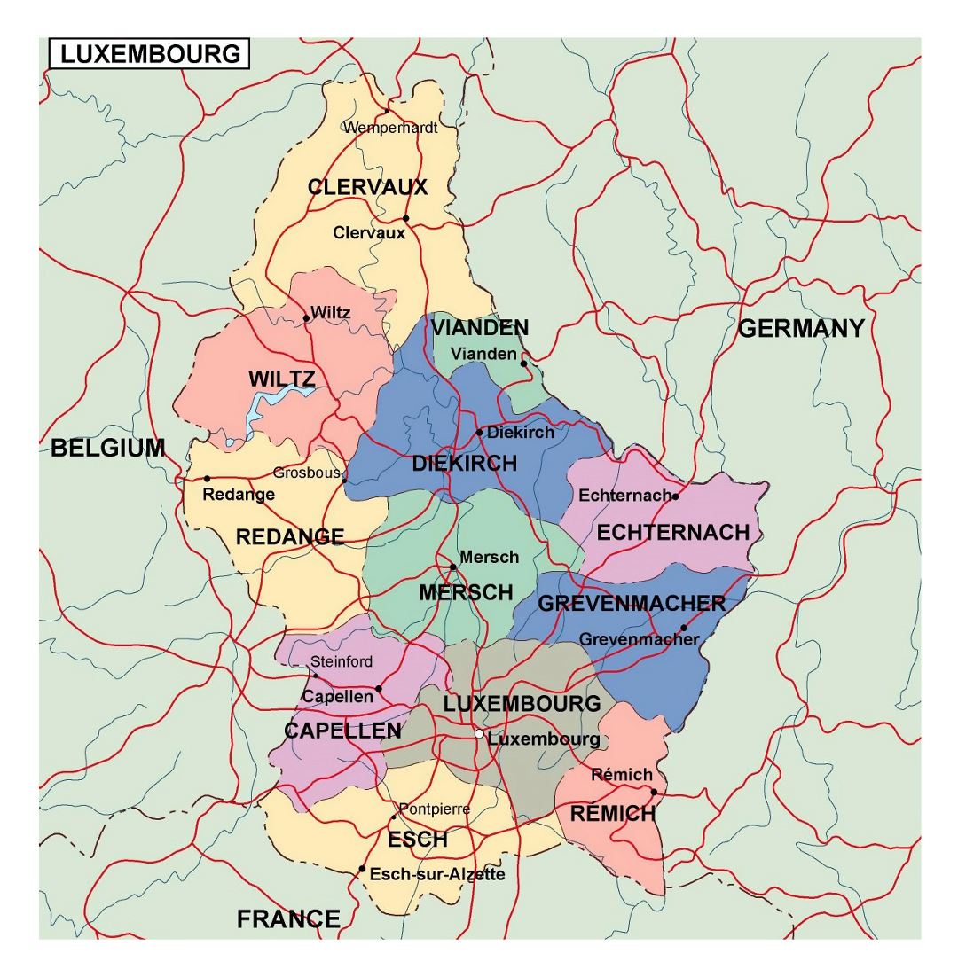 Большая политическая и административная карта Люксембурга с дорогами и крупными городами
