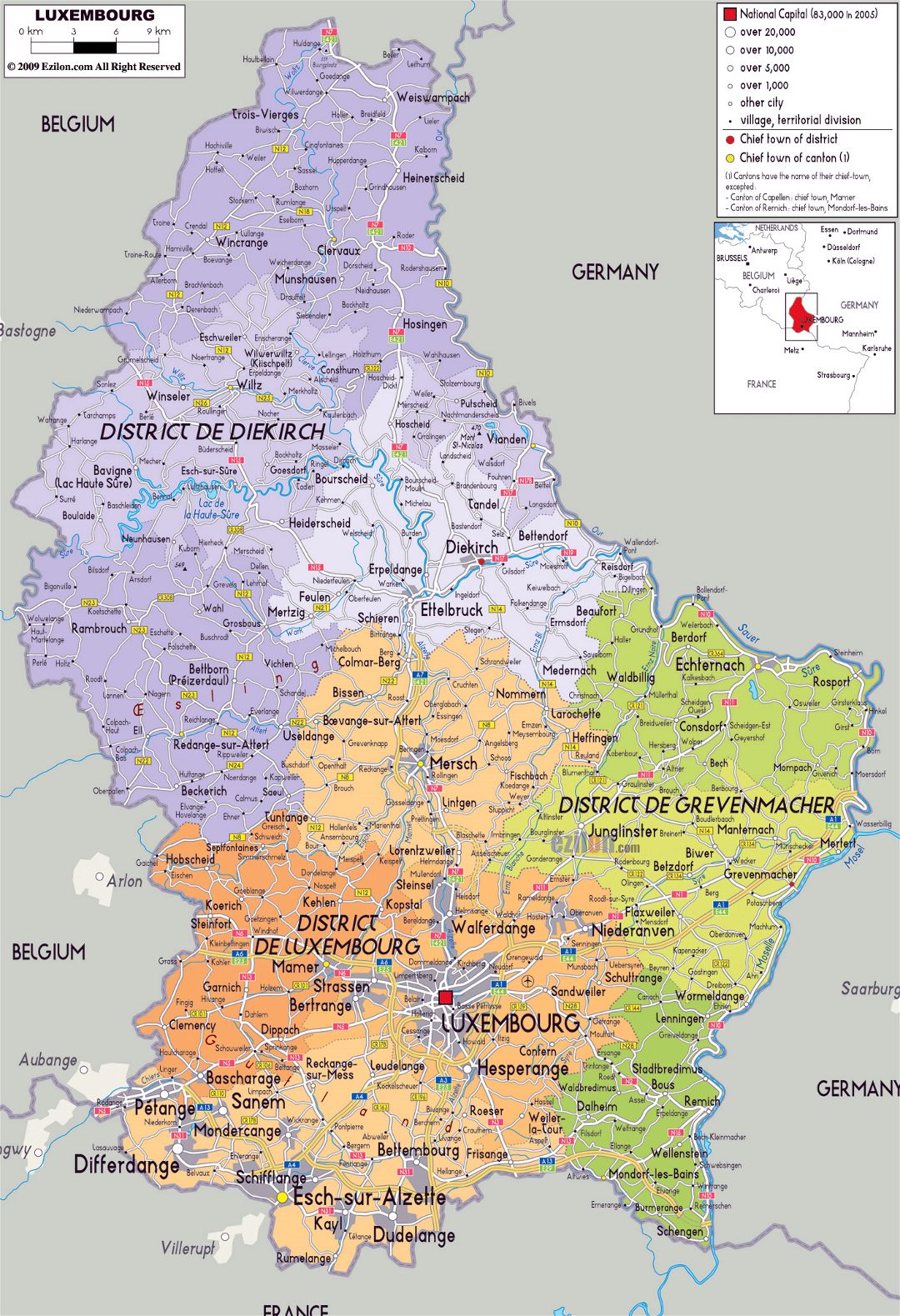 Большая политическая и административная карта Люксембурга с дорогами, городами и аэропортами