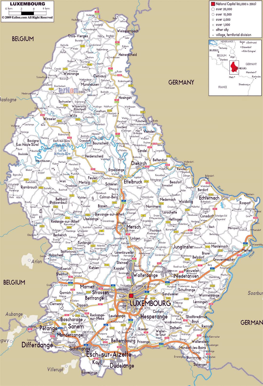 Большая карта дорог Люксембурга с городами и аэропортами