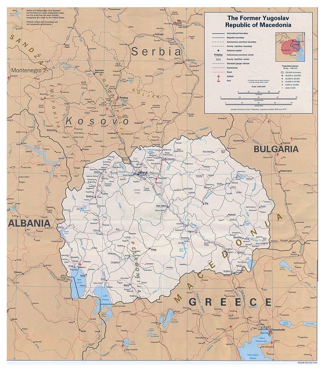 Большая детальная политическая карта Македонии с дорогами, железными дорогами, городами и аэропортами - 1994
