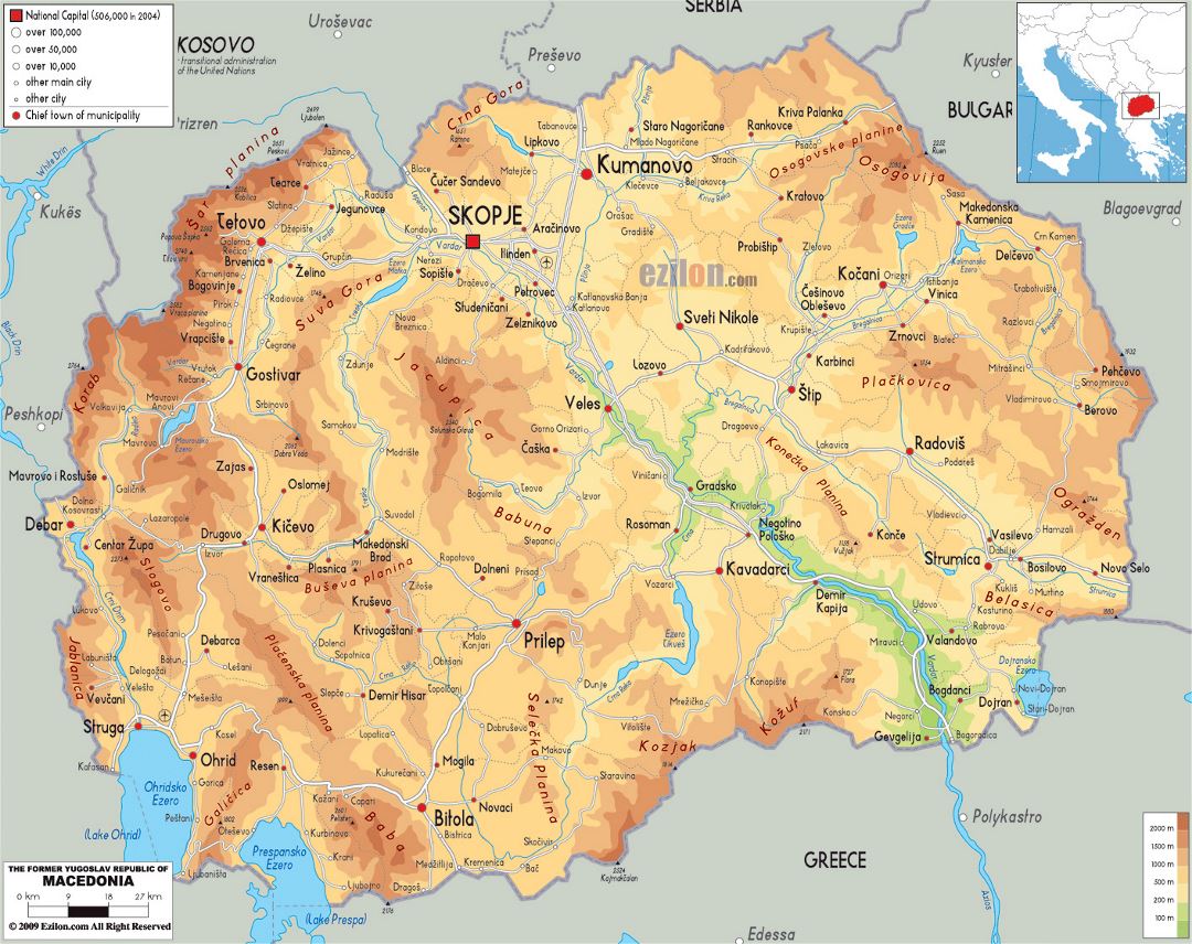 Большая физическая карта Македонии с дорогами, городами и аэропортами