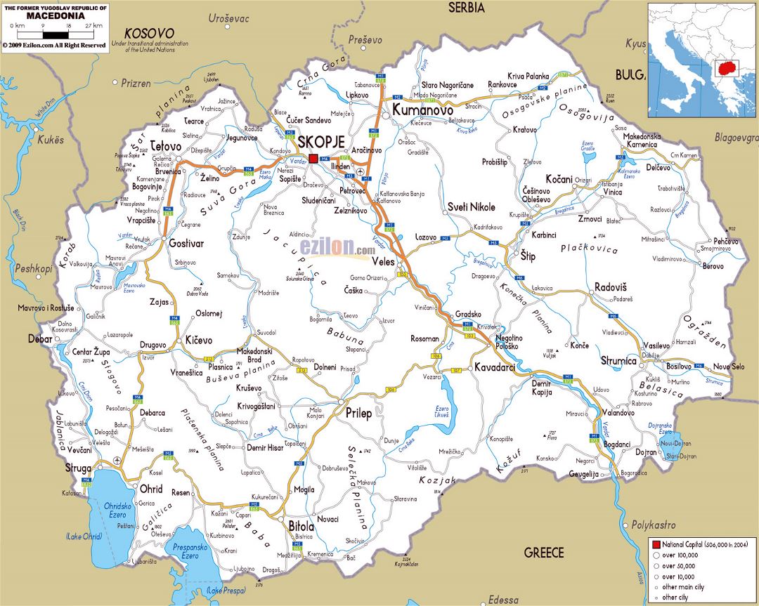 Большая карта дорог Македонии с городами и аэропортами