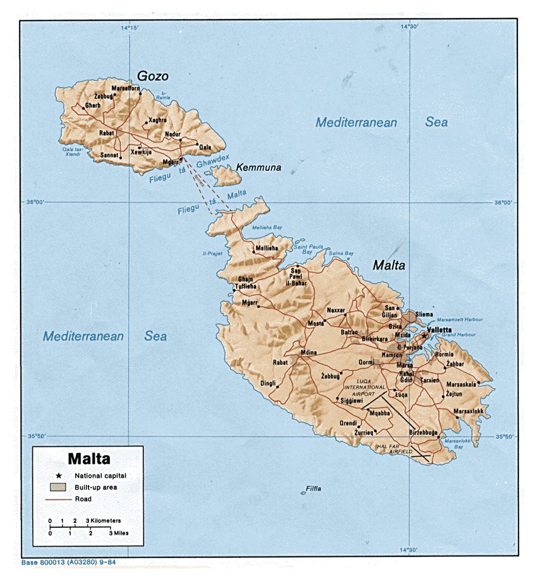 Детальная политическая карта Мальты с рельефом, дорогами, городами и деревнями - 1984