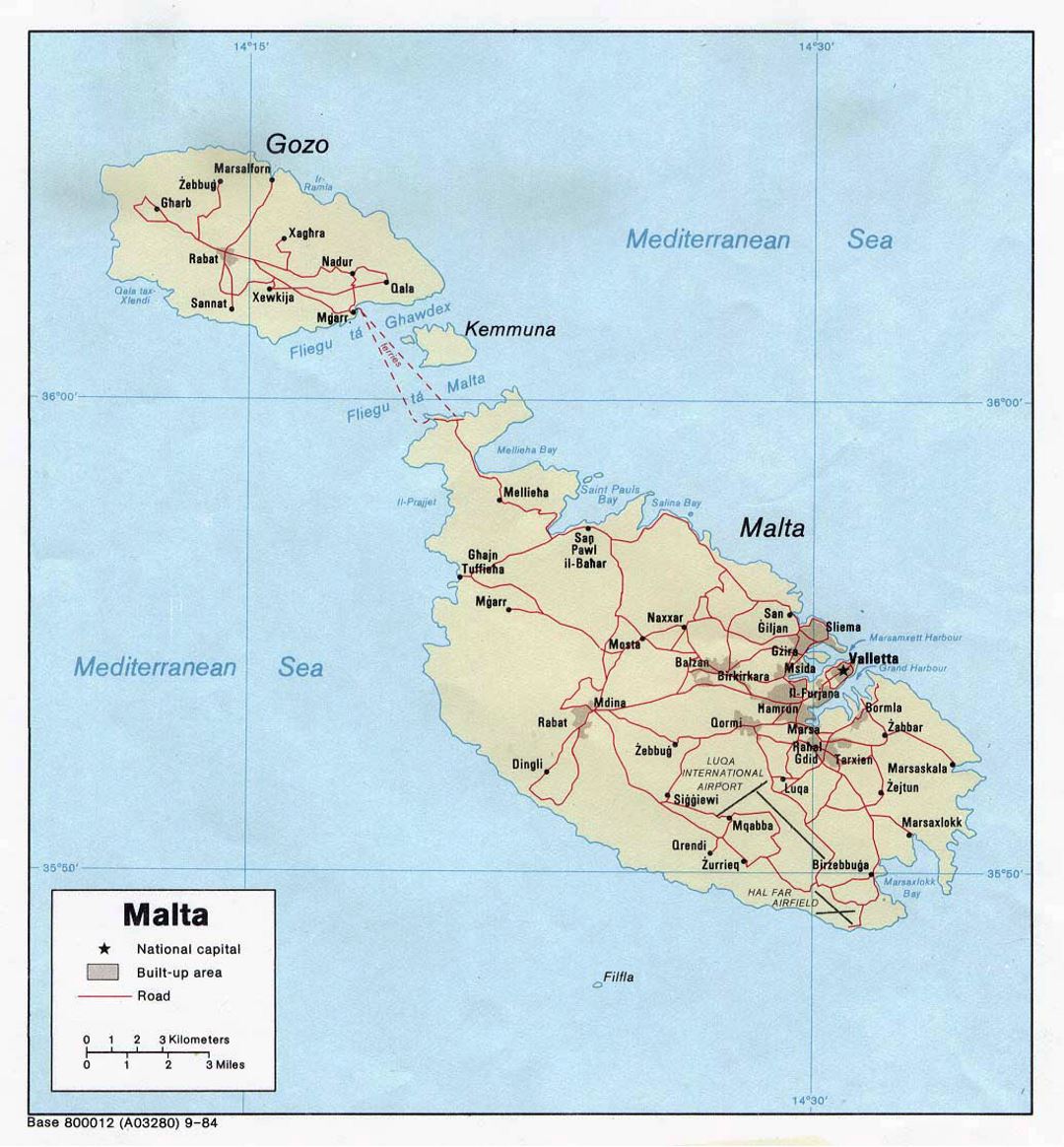 Детальная политическая карта Мальты с дорогами, городами и деревнями - 1984