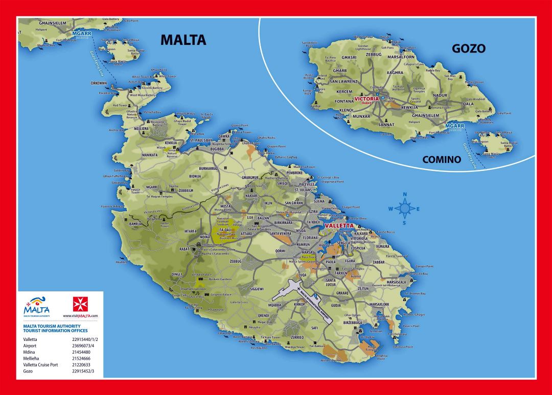 Большая детальная карта высота и туристическая карта Мальты и Гозо с дорогами, городами и деревнями