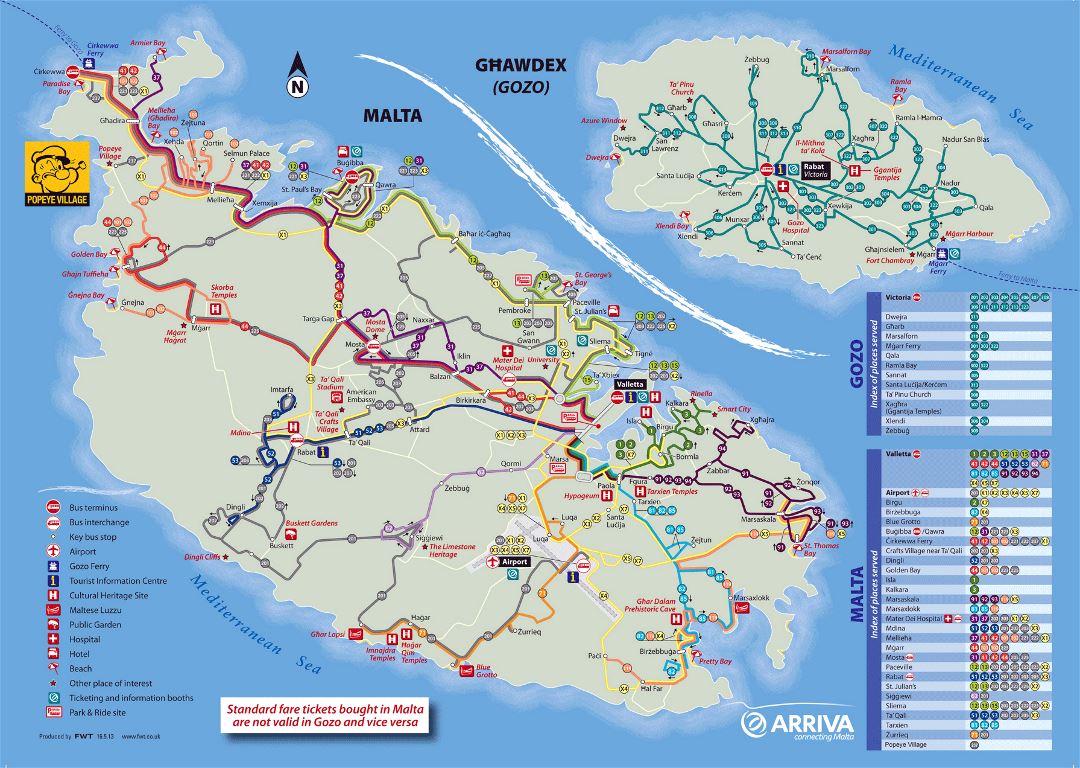 Большая детальная туристическая карта Мальты и Гозо с автобусными маршрутами